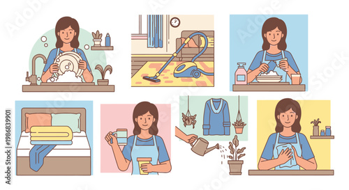 Woman cleaning and doing laundry tasks.