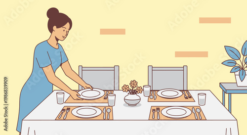Woman Setting Table with Plates.