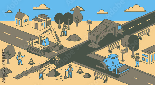 Workers on road construction site.