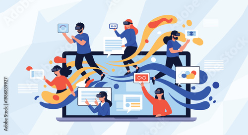 Diverse group of people wearing virtual reality headsets and interacting with floating digital data coming from a laptop in the metaverse.
