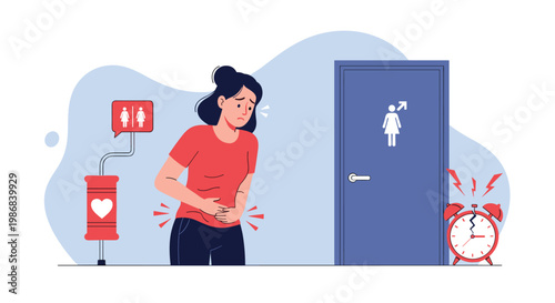 Distressed woman holding her stomach in pain next to a restroom door and a ringing alarm clock, representing urgent digestive issues.