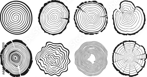 Tree ring cross sections in black and white illustrations