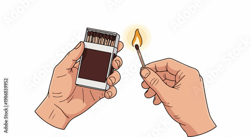 Hands ignite a match from a matchbox, creating a small flame