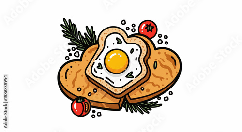 Heart-shaped toast with a fried egg and cherry tomatoes