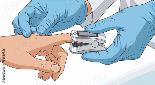 Hands in blue gloves using a pulse oximeter on a finger