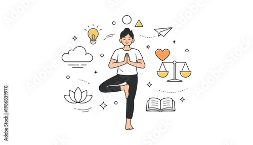 A man in yoga pose surrounded by icons representing balance and harmony