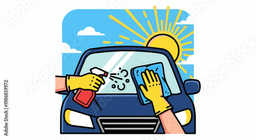 Hands in yellow gloves cleaning car windshield on sunny day