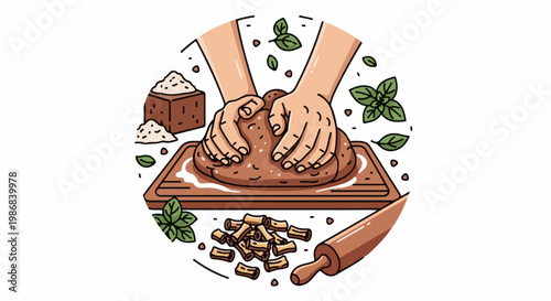 Hands kneading dough on a wooden board with flour, herbs, and pasta