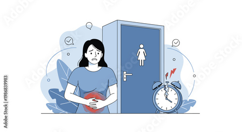Unhappy woman experiencing stomach cramps or digestive discomfort standing in front of a bathroom door with a broken alarm clock.