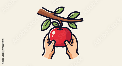 Hands reaching for a ripe red apple hanging from a tree branch