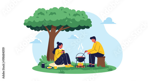Young couple enjoying a relaxing camping trip in nature, sitting under a large tree and cooking a meal over an open fire at a campsite.