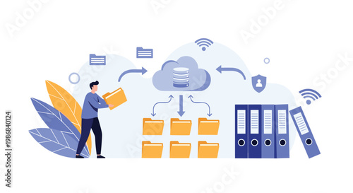 Man organizing files into a secure cloud storage system represented by a cloud icon, servers, and folders for efficient data management.