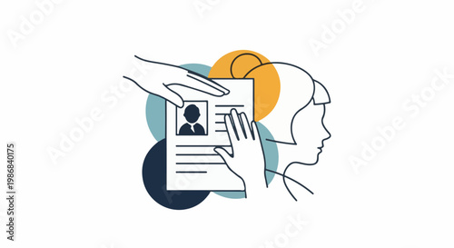 Hands reviewing a document with a profile picture and abstract shapes