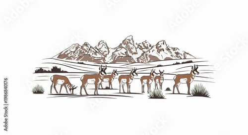 Herd of pronghorn antelope grazes near rugged, snow-capped mountains