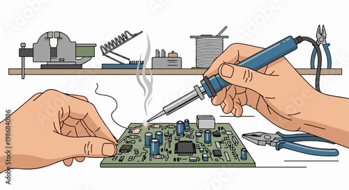 Hands soldering electronic circuit board with tools on shelf