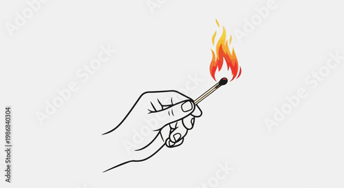 Hand holding a lit match with orange and yellow flames