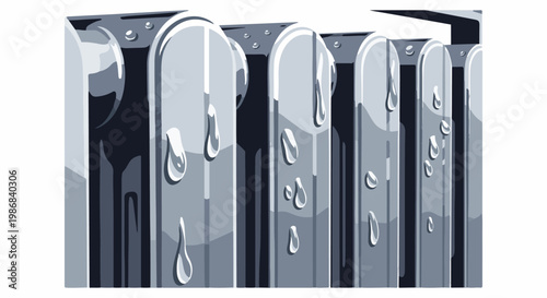 Gray radiator with cascading droplets and condensation, abstract representation