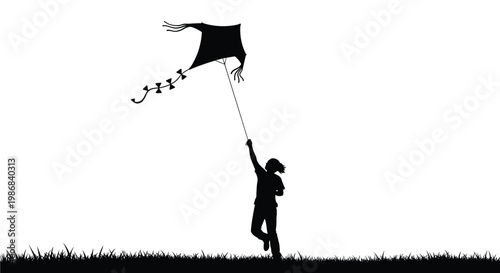 Simple silhouette of a young girl running across a field while flying a kite against a clear white background, capturing childhood joy.