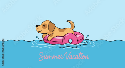 Happy cartoon dog enjoys a summer swim on a pink float