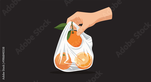 Hand holding a plastic bag with oranges and slices of oranges