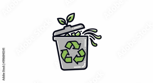 Gray trash can with green recycling symbol and a sprouting plant