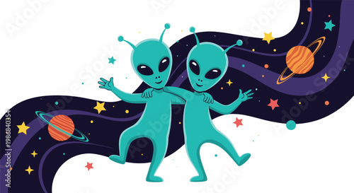 Two friendly blue extraterrestrial creatures dancing joyfully in deep space surrounded by distant planets and shimmering stars.