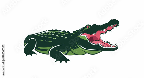 Green alligator with mouth open, sharp teeth, and red eyes