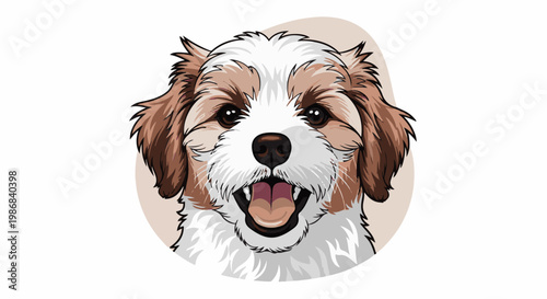 Happy cartoon dog with brown and white fur, wide grin, pink tongue