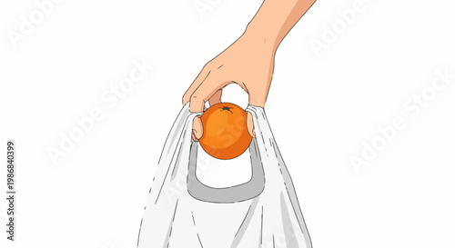 Hand holding an orange inside a reusable shopping bag