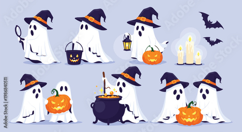 Collection of adorable white ghosts wearing witch hats engaged in various spooky Halloween activities like brewing potions.