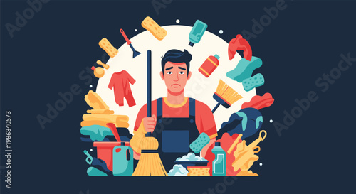 Stressed man feeling overwhelmed by numerous household chores and cleaning tasks while surrounded by various domestic supplies.