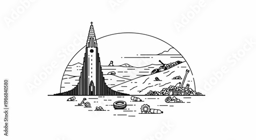 Iconic tower overlooks a landscape littered with debris and industrial remnants