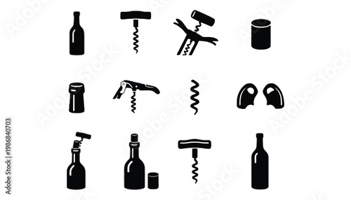 A wine bottle icon set with various corkscrew silhouettes and accessories