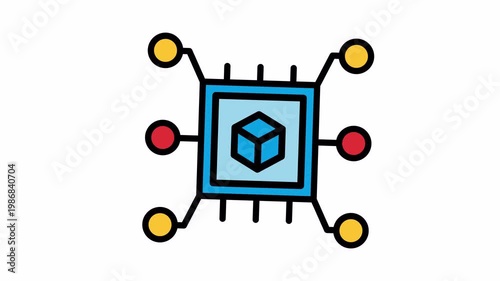 A colorful icon depicting a central processing unit or chip with a 3D cube, connected to multiple external nodes, symbolizing data processing and network technology.