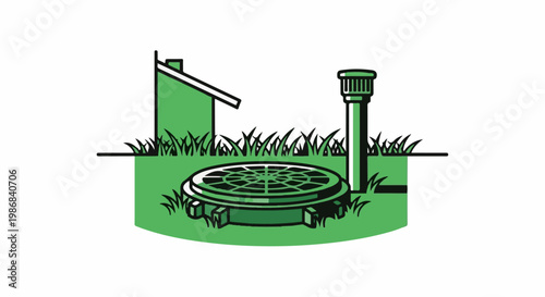 Green graphic of a manhole cover, grass, and plumbing pipe