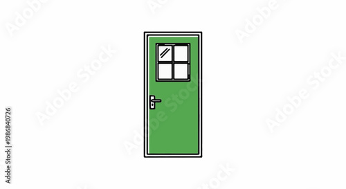 Green interior door with a four-pane window and handle