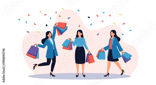 Group of three joyful women celebrating a successful shopping day while carrying many colorful bags filled with new purchases.