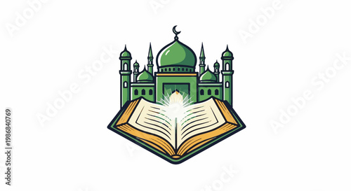 Green Islamic mosque with crescent moon above open book radiating light