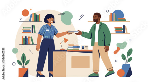 Person Borrowing Book from Librarian Flat Vector Illustration, Library Service and Education Concept