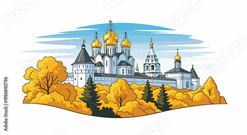 Golden domed monastery surrounded by autumn foliage under a blue sky