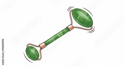 Green jade facial roller with copper accents and swirling motion