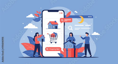 Modern people using a giant smartphone interface to browse and buy real estate properties in a digital housing market scene.