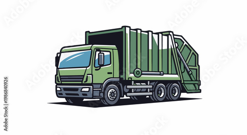 Green garbage truck with open back, ready to collect waste