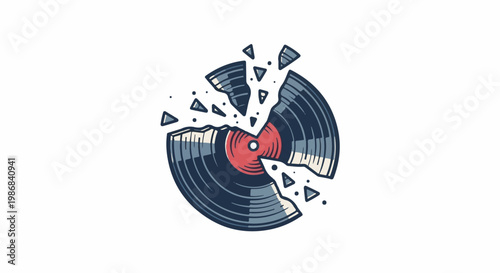 Fragmented vinyl record with a red center spinning in shards
