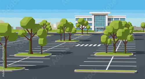 Geometric trees dot an empty, paved parking lot with a modern building