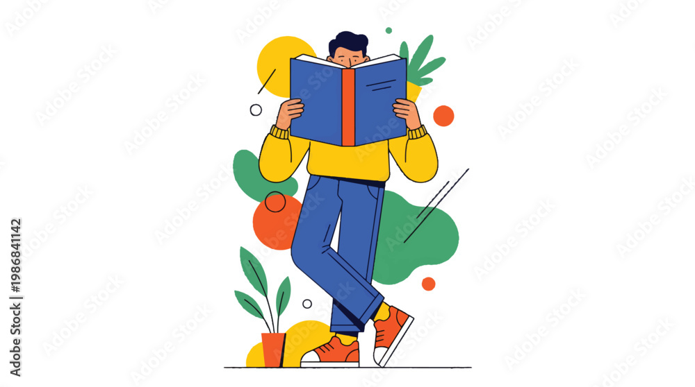 Fototapeta premium Person Reading Book Covering Face Flat Vector Illustration, Minimal Modern Lifestyle Concept