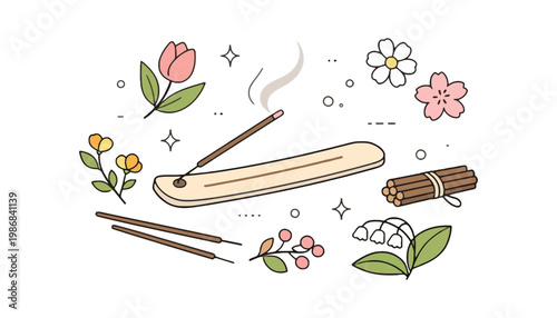 Incense stick vector illustration with flowers and incense holder on white background