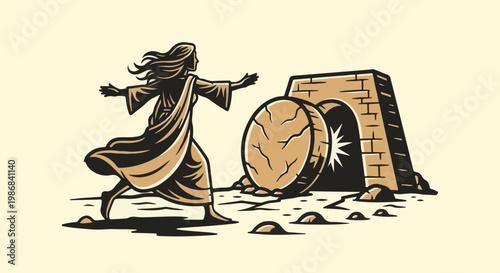 Figure rushes toward an empty tomb with a rolled away stone