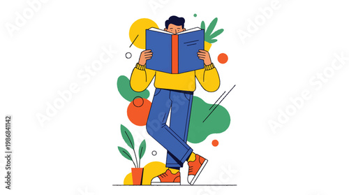 Person Reading Book Covering Face Flat Vector Illustration, Minimal Modern Lifestyle Concept