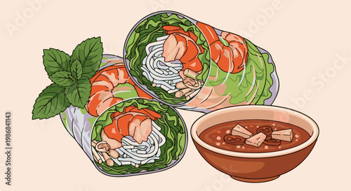 Fresh shrimp rolls with dipping sauce and mint leaves